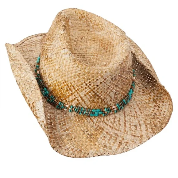 Sun N Sand Straw Cowboy Hat with Turquoise Bead Band unisex - Picture 2 of 4